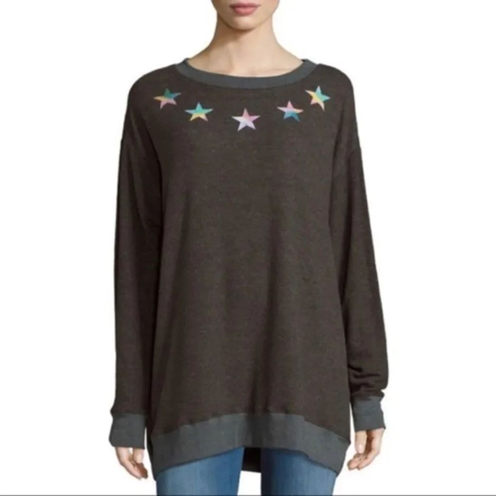 wild fox Distressed Scoop Neck Pullover With Stars